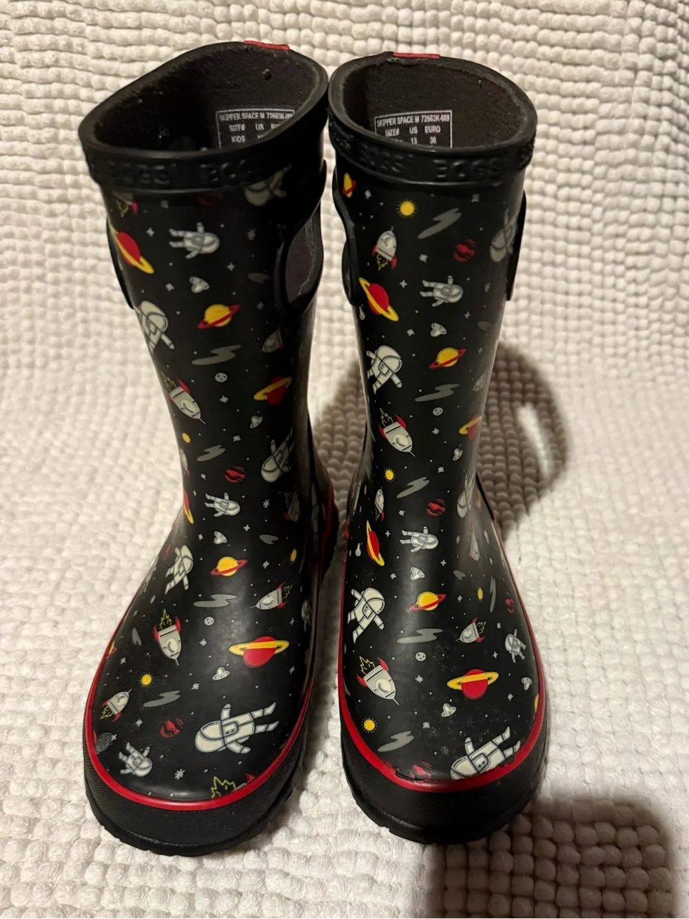 BOGS Kids Black Space-Print Rain Boots with Red Trim